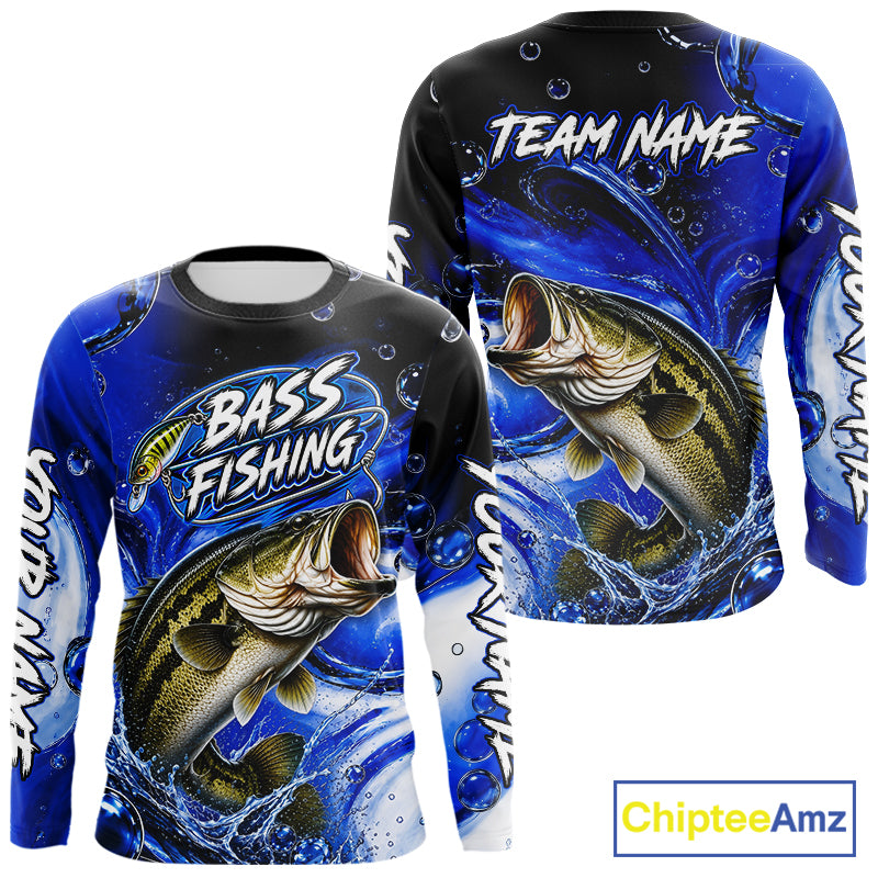 Largemouth Bass Fishing Blue Camo Long Sleeve Fishing Shirt Custom Bass Fishing Jerseys For Team NBT985