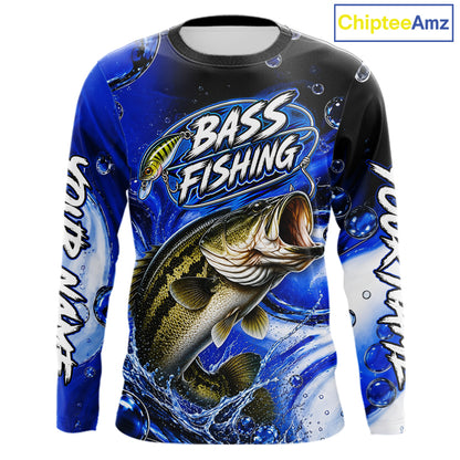Largemouth Bass Fishing Blue Camo Long Sleeve Fishing Shirt Custom Bass Fishing Jerseys For Team NBT985