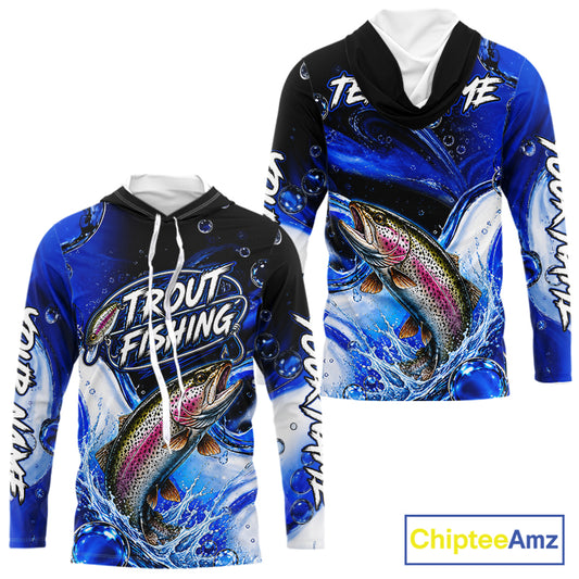 Trout Fishing Blue Camo Long Sleeve Hooded Fishing Shirt Custom Trout Fishing Jerseys For Team NBT986