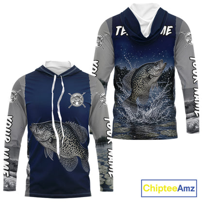 Custom Crappie Fishing Camo Long Sleeve Hooded Fishing Shirts, Crappie Tournament Fishing Shirts NBT1176