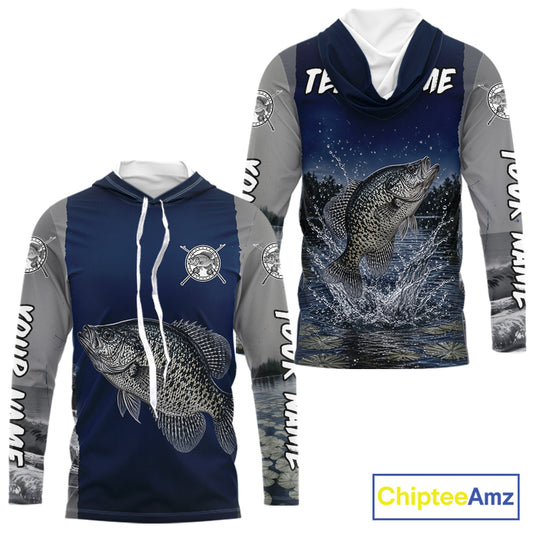 Custom Crappie Fishing Camo Long Sleeve Hooded Fishing Shirts, Crappie Tournament Fishing Shirts NBT1176