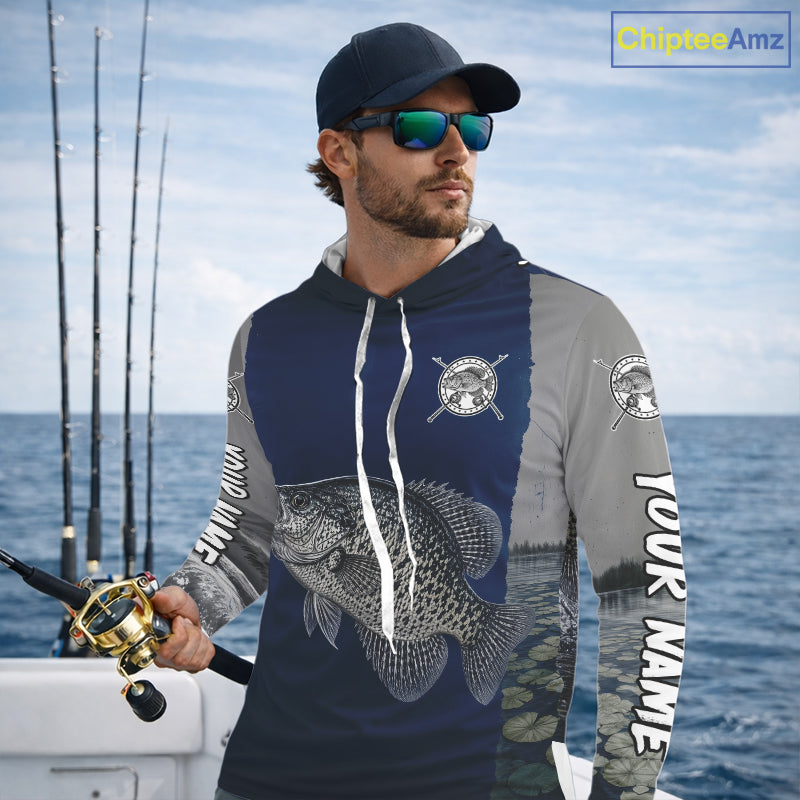 Custom Crappie Fishing Camo Long Sleeve Hooded Fishing Shirts, Crappie Tournament Fishing Shirts NBT1176
