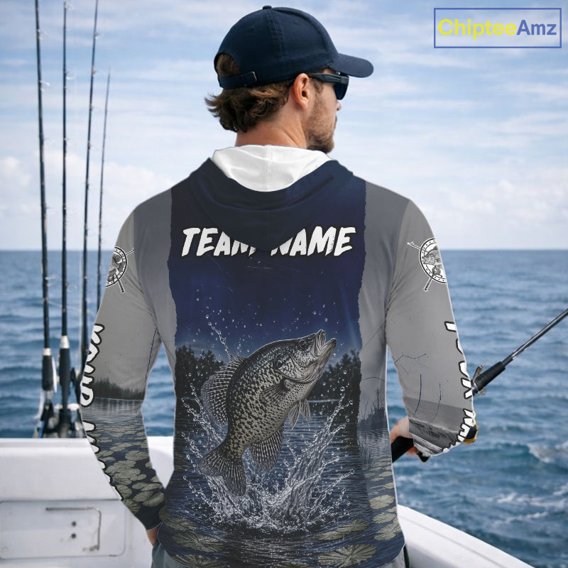 Custom Crappie Fishing Camo Long Sleeve Hooded Fishing Shirts, Crappie Tournament Fishing Shirts NBT1176