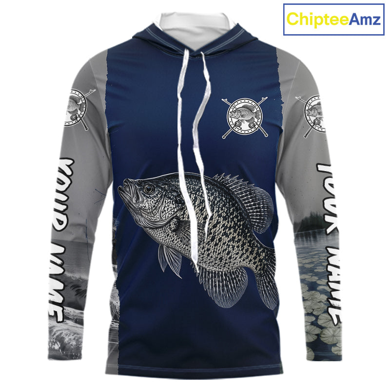 Custom Crappie Fishing Camo Long Sleeve Hooded Fishing Shirts, Crappie Tournament Fishing Shirts NBT1176