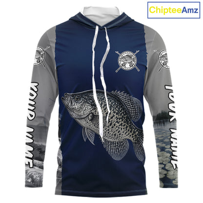 Custom Crappie Fishing Camo Long Sleeve Hooded Fishing Shirts, Crappie Tournament Fishing Shirts NBT1176