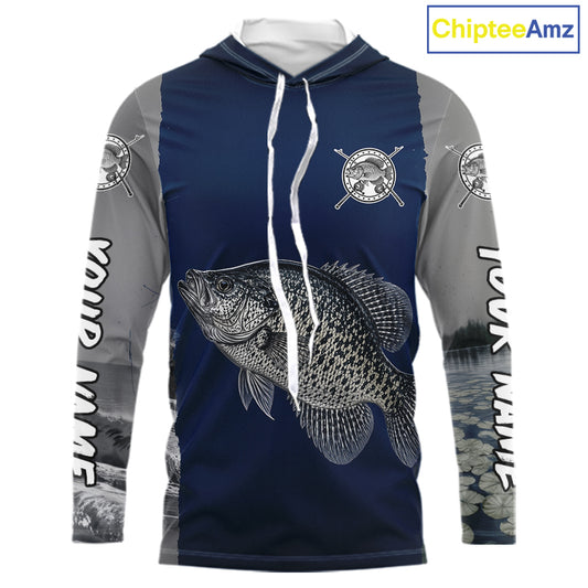 Custom Crappie Fishing Camo Long Sleeve Hooded Fishing Shirts, Crappie Tournament Fishing Shirts NBT1176