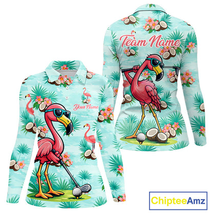 Funny Womens Golf Polo Shirts Custom Name  Pink Flamingo Pattern, Tropical Golf Shirt NBT478