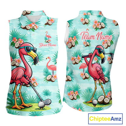 Funny Women Sleeveless Golf Polo Shirts Custom Pink Flamingo Pattern, Tropical Golf Shirt NBT478