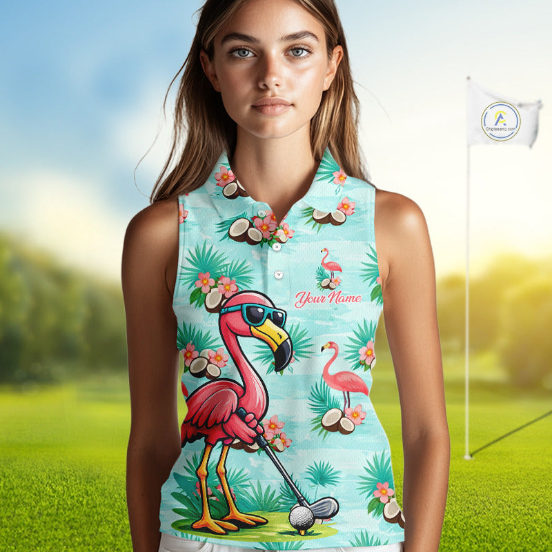 Funny Women Sleeveless Golf Polo Shirts Custom Pink Flamingo Pattern, Tropical Golf Shirt NBT478