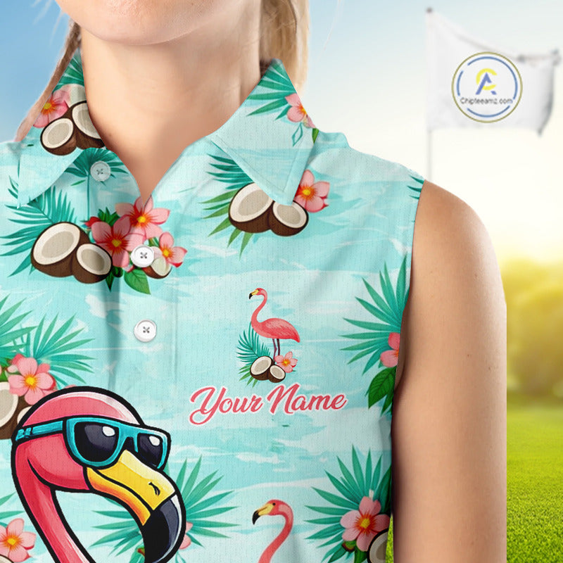 Funny Women Sleeveless Golf Polo Shirts Custom Pink Flamingo Pattern, Tropical Golf Shirt NBT478