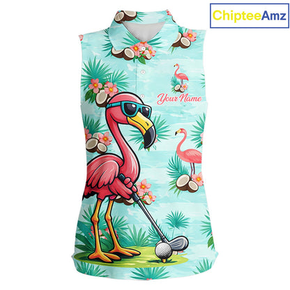 Funny Women Sleeveless Golf Polo Shirts Custom Pink Flamingo Pattern, Tropical Golf Shirt NBT478