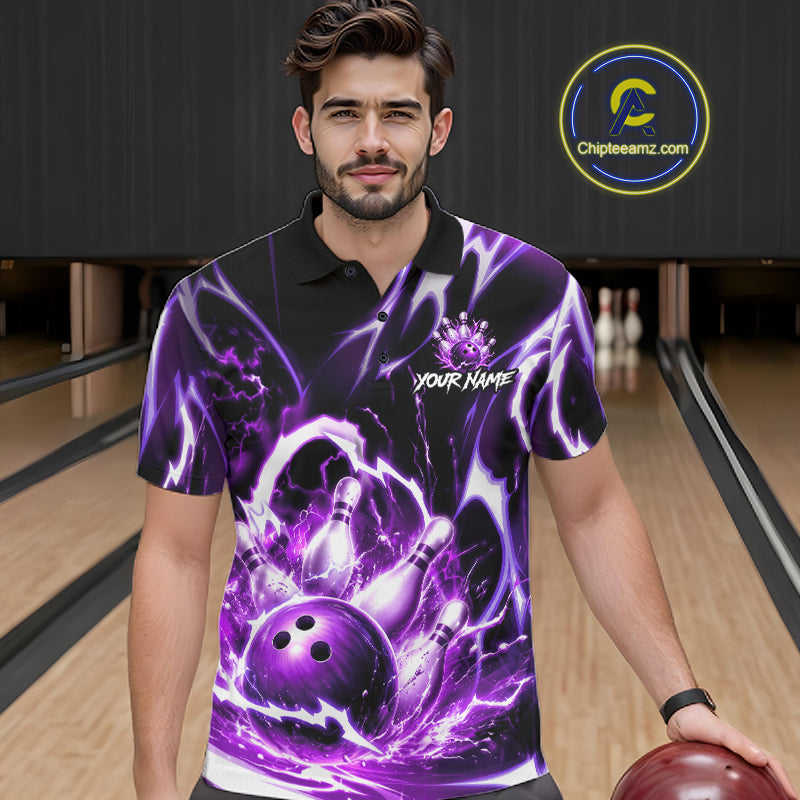 Purple Storm Thunder Lightning Bowling Polo & 1/4 Quarter Zip Shirt For Men Custom Bowling Team Jersey NBT988