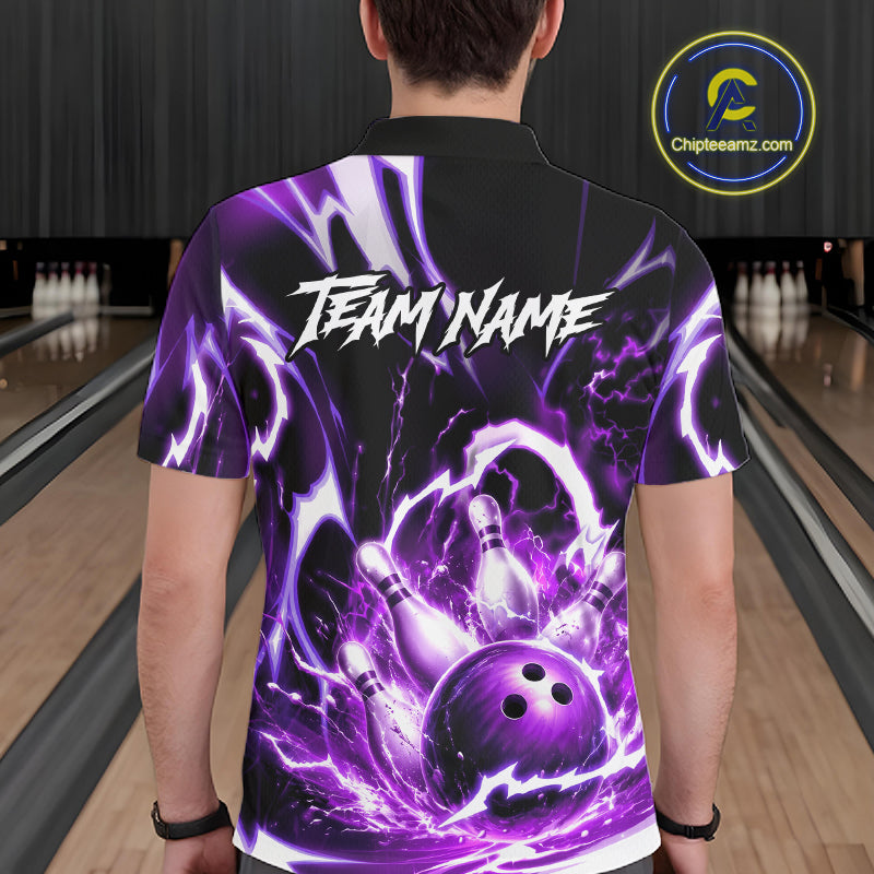 Purple Storm Thunder Lightning Bowling Polo & 1/4 Quarter Zip Shirt For Men Custom Bowling Team Jersey NBT988