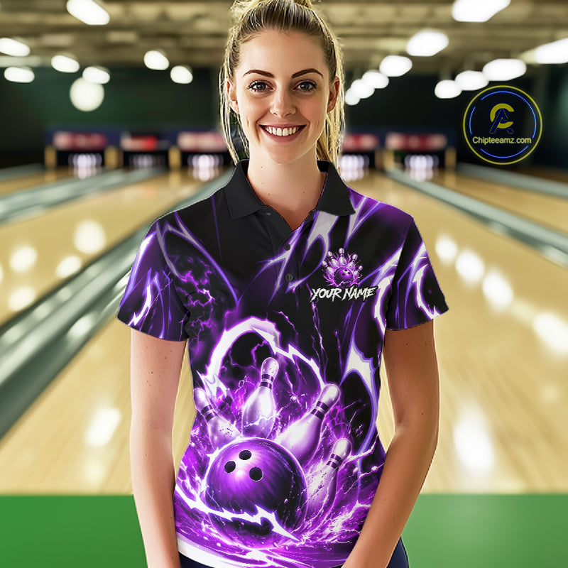 Purple Storm Thunder Lightning Bowling Polo & 1/4 Quarter Zip Shirt For Women Custom Bowling Team Jersey NBT988