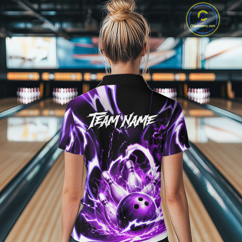 Purple Storm Thunder Lightning Bowling Polo & 1/4 Quarter Zip Shirt For Women Custom Bowling Team Jersey NBT988