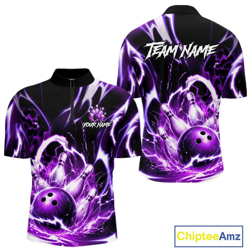 Purple Storm Thunder Lightning Bowling Polo & 1/4 Quarter Zip Shirt For Men Custom Bowling Team Jersey NBT988