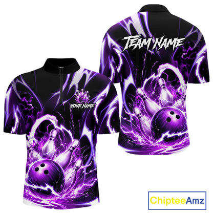 Purple Storm Thunder Lightning Bowling Polo & 1/4 Quarter Zip Shirt For Men Custom Bowling Team Jersey NBT988
