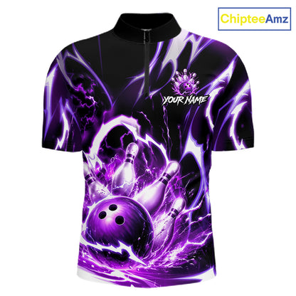 Purple Storm Thunder Lightning Bowling Polo & 1/4 Quarter Zip Shirt For Men Custom Bowling Team Jersey NBT988