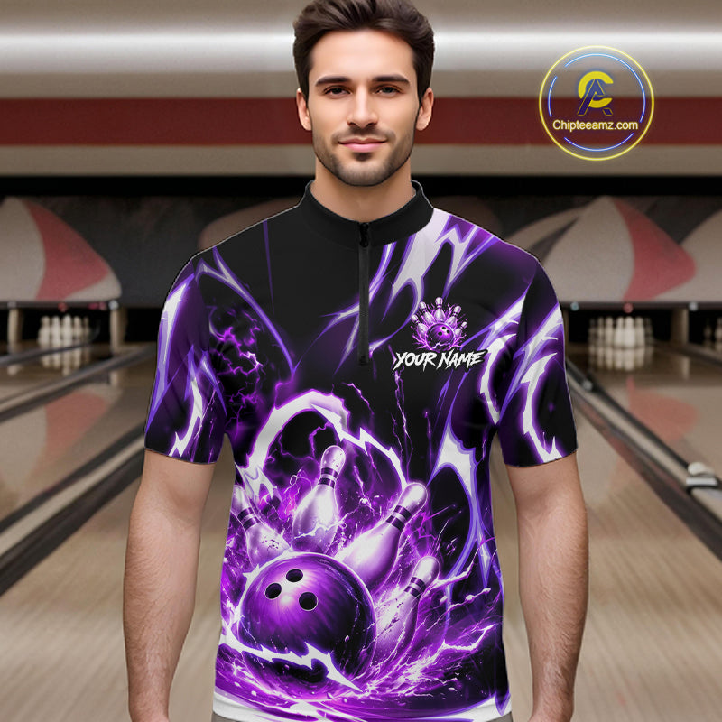 Purple Storm Thunder Lightning Bowling Polo & 1/4 Quarter Zip Shirt For Men Custom Bowling Team Jersey NBT988