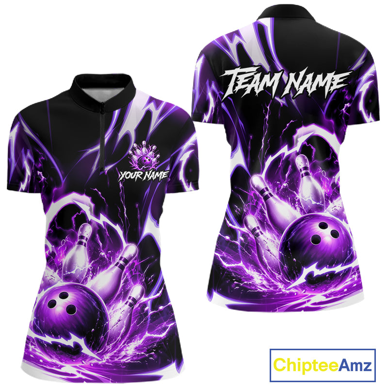 Purple Storm Thunder Lightning Bowling Polo & 1/4 Quarter Zip Shirt For Women Custom Bowling Team Jersey NBT988
