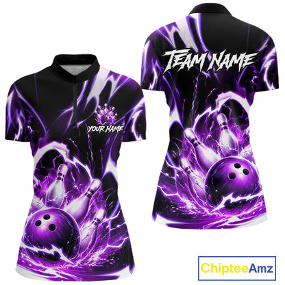 Purple Storm Thunder Lightning Bowling Polo & 1/4 Quarter Zip Shirt For Women Custom Bowling Team Jersey NBT988