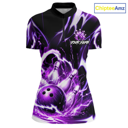 Purple Storm Thunder Lightning Bowling Polo & 1/4 Quarter Zip Shirt For Women Custom Bowling Team Jersey NBT988