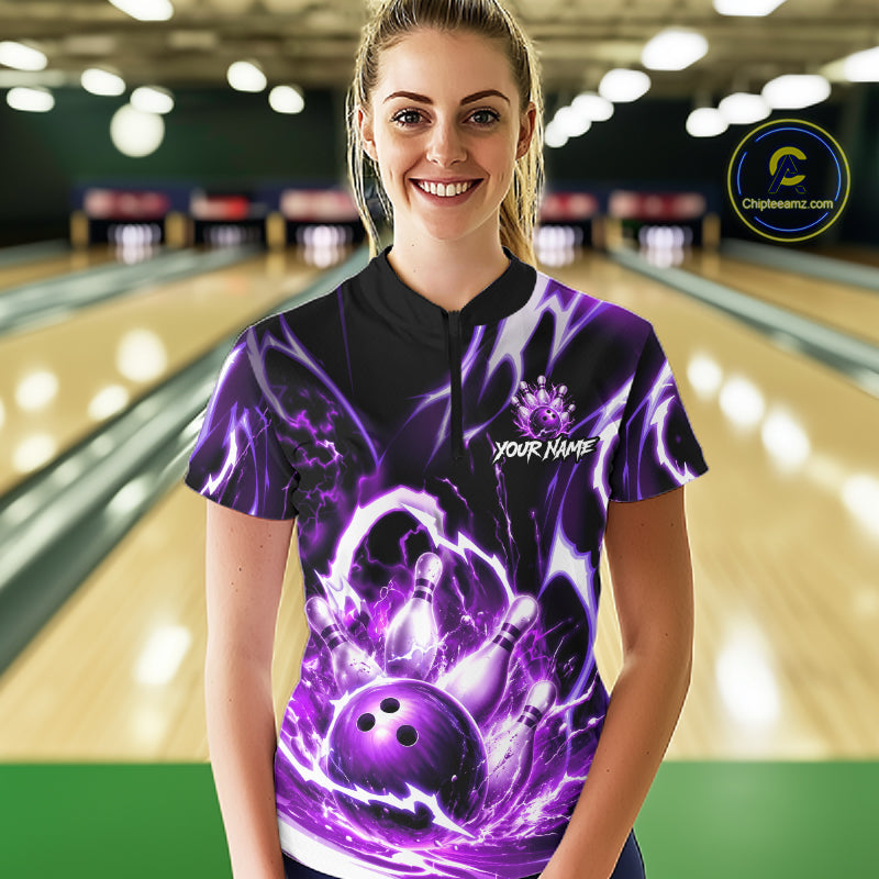 Purple Storm Thunder Lightning Bowling Polo & 1/4 Quarter Zip Shirt For Women Custom Bowling Team Jersey NBT988