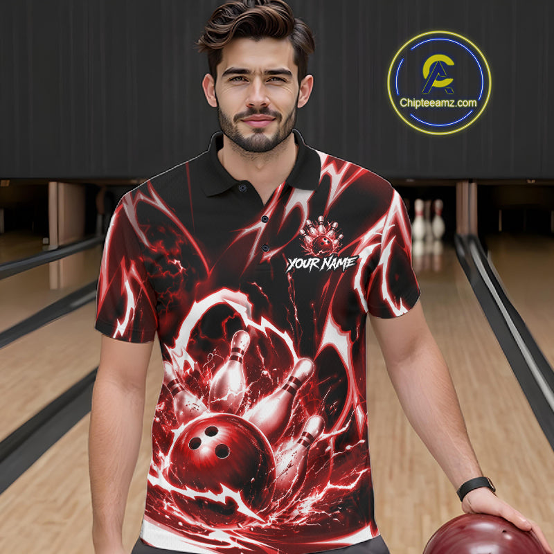 Red Storm Thunder Lightning Bowling Polo & 1/4 Quarter Zip Shirt For Men Custom Bowling Team Jersey NBT989