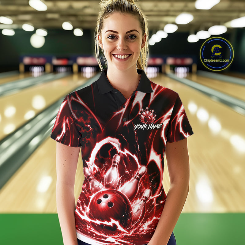 Red Storm Thunder Lightning Bowling Polo & 1/4 Quarter Zip Shirt For Women Custom Bowling Team Jersey NBT989