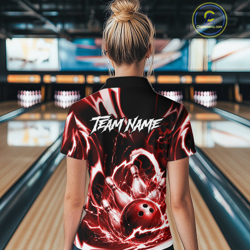 Red Storm Thunder Lightning Bowling Polo & 1/4 Quarter Zip Shirt For Women Custom Bowling Team Jersey NBT989