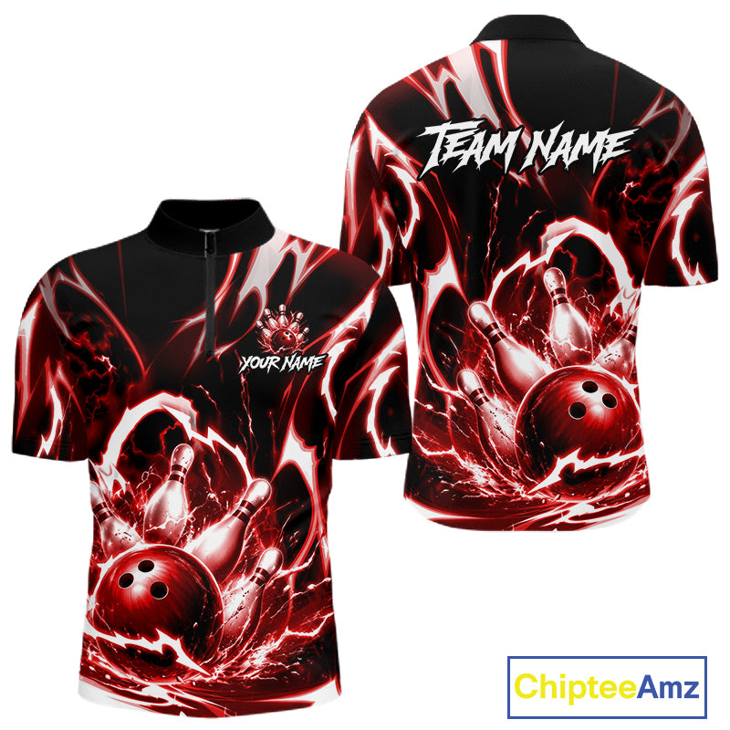 Red Storm Thunder Lightning Bowling Polo & 1/4 Quarter Zip Shirt For Men Custom Bowling Team Jersey NBT989