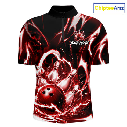 Red Storm Thunder Lightning Bowling Polo & 1/4 Quarter Zip Shirt For Men Custom Bowling Team Jersey NBT989