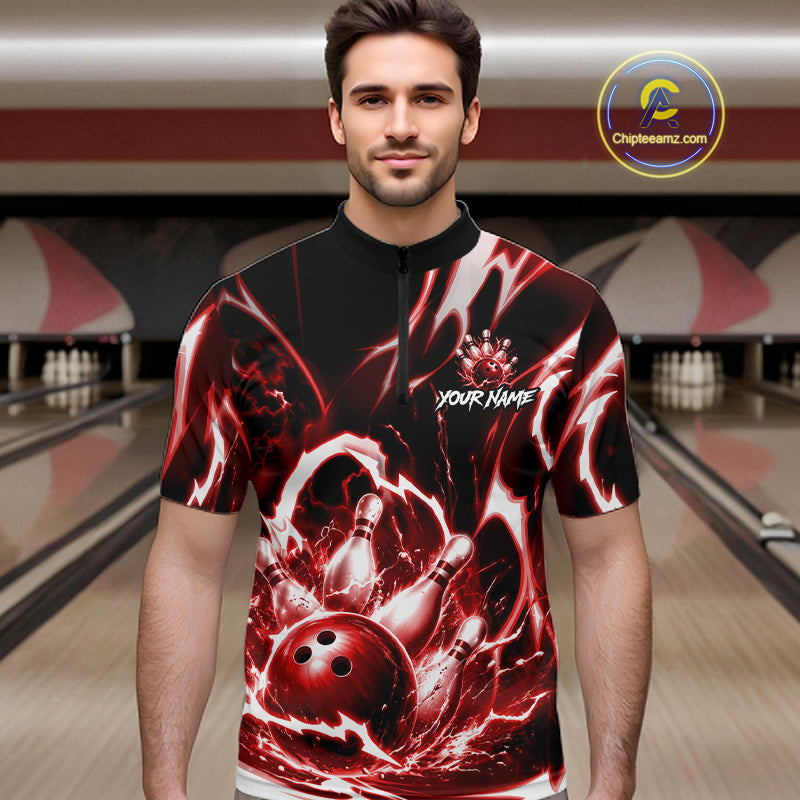 Red Storm Thunder Lightning Bowling Polo & 1/4 Quarter Zip Shirt For Men Custom Bowling Team Jersey NBT989