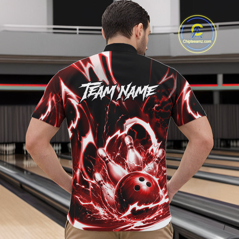 Red Storm Thunder Lightning Bowling Polo & 1/4 Quarter Zip Shirt For Men Custom Bowling Team Jersey NBT989