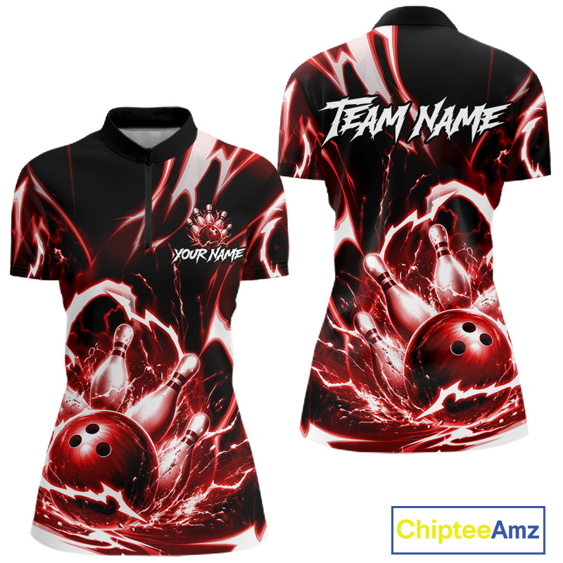 Red Storm Thunder Lightning Bowling Polo & 1/4 Quarter Zip Shirt For Women Custom Bowling Team Jersey NBT989