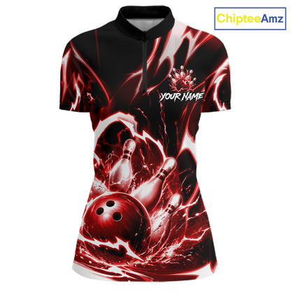 Red Storm Thunder Lightning Bowling Polo & 1/4 Quarter Zip Shirt For Women Custom Bowling Team Jersey NBT989