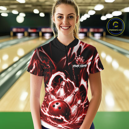 Red Storm Thunder Lightning Bowling Polo & 1/4 Quarter Zip Shirt For Women Custom Bowling Team Jersey NBT989