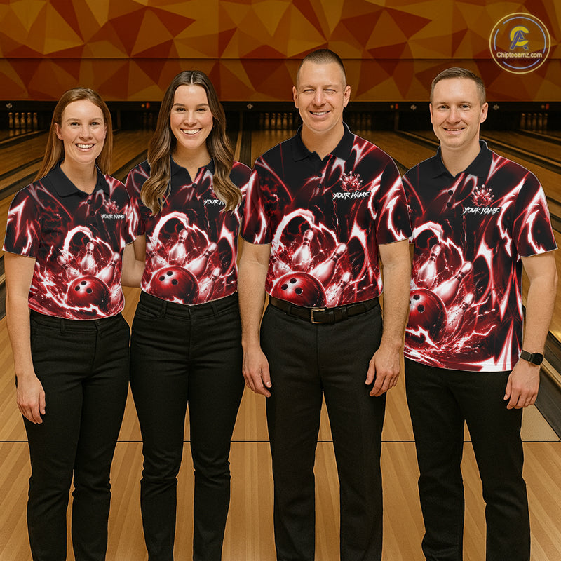 Red Storm Thunder Lightning Bowling Polo & 1/4 Quarter Zip Shirt For Men Custom Bowling Team Jersey NBT989