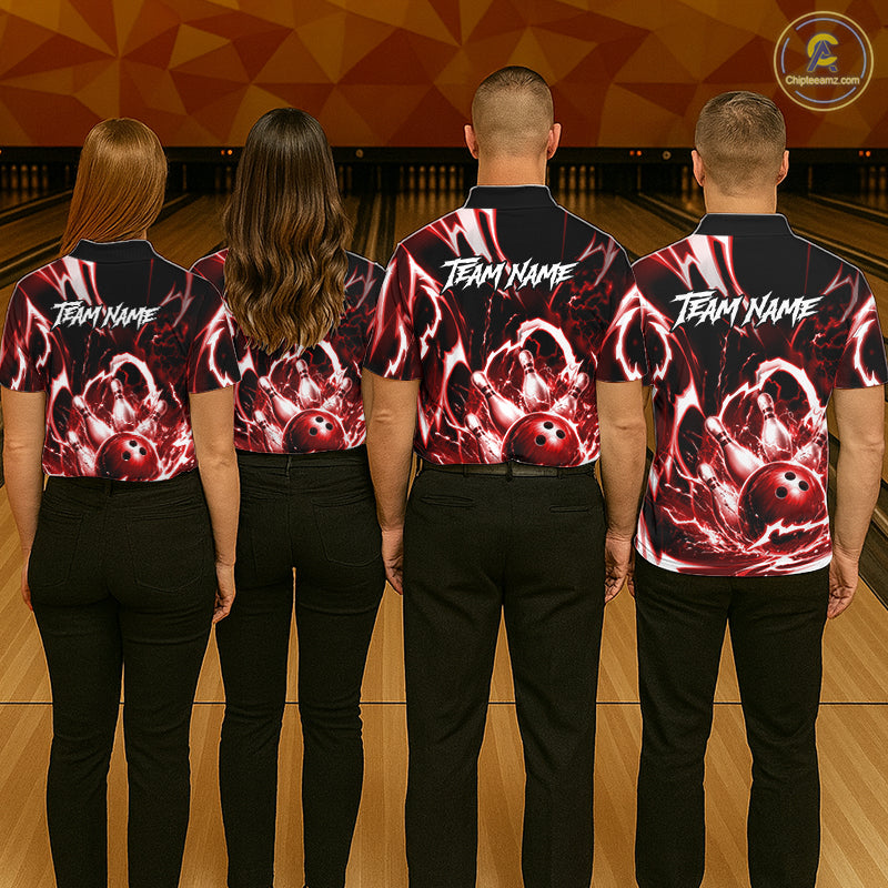 Red Storm Thunder Lightning Bowling Polo & 1/4 Quarter Zip Shirt For Men Custom Bowling Team Jersey NBT989