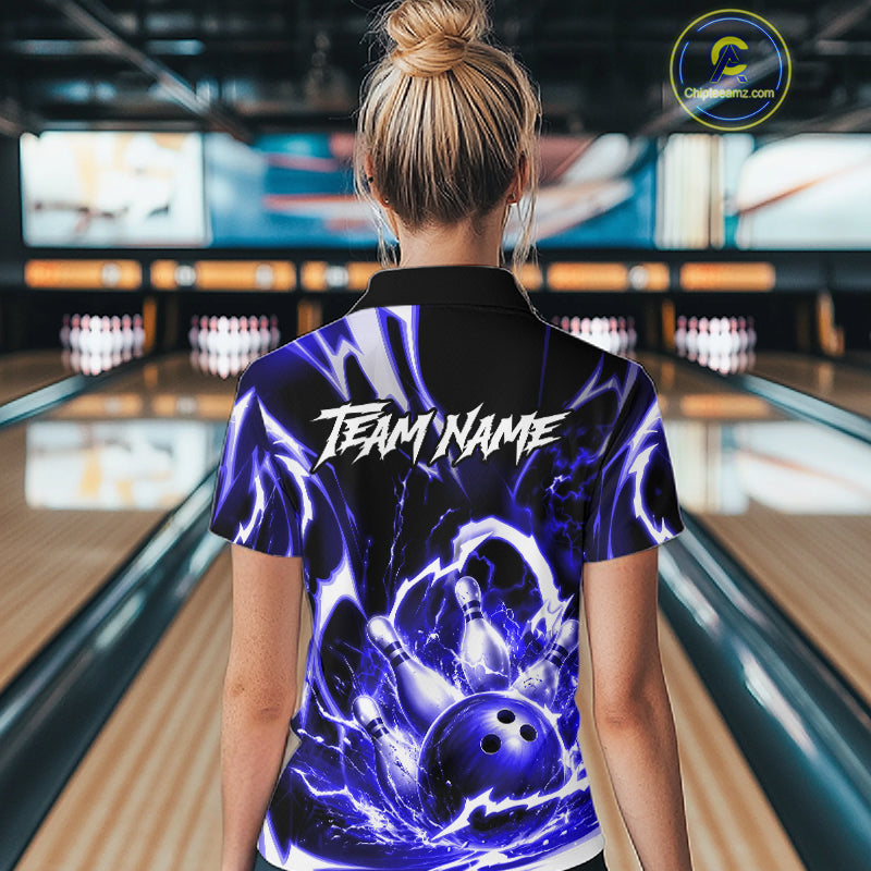Blue Storm Thunder Lightning Bowling Polo & 1/4 Quarter Zip Shirt For Women Custom Bowling Team Jersey NBT990