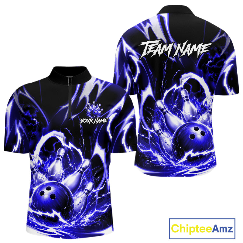 Blue Storm Thunder Lightning Bowling Polo & 1/4 Quarter Zip Shirt For Men Custom Bowling Team Jersey NBT990