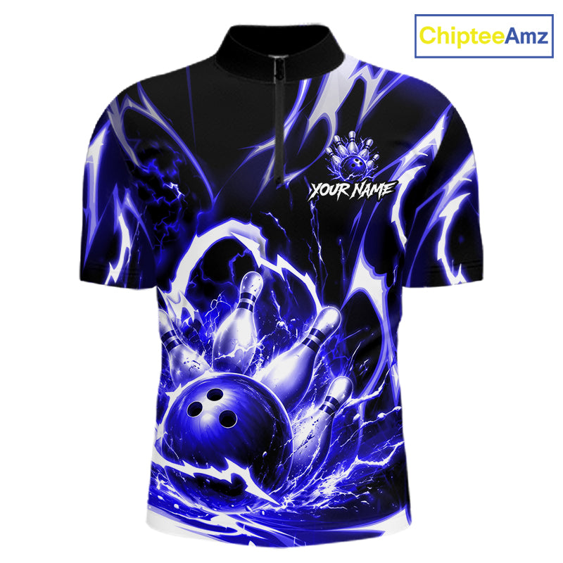 Blue Storm Thunder Lightning Bowling Polo & 1/4 Quarter Zip Shirt For Men Custom Bowling Team Jersey NBT990