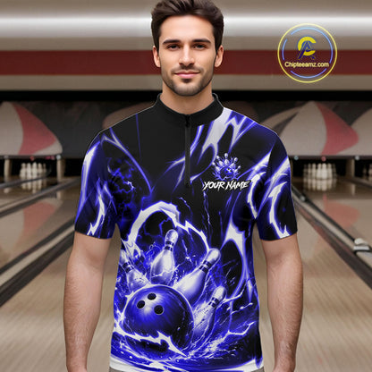 Blue Storm Thunder Lightning Bowling Polo & 1/4 Quarter Zip Shirt For Men Custom Bowling Team Jersey NBT990