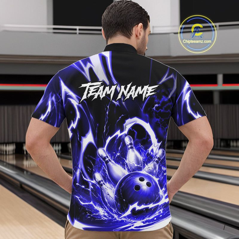 Blue Storm Thunder Lightning Bowling Polo & 1/4 Quarter Zip Shirt For Men Custom Bowling Team Jersey NBT990