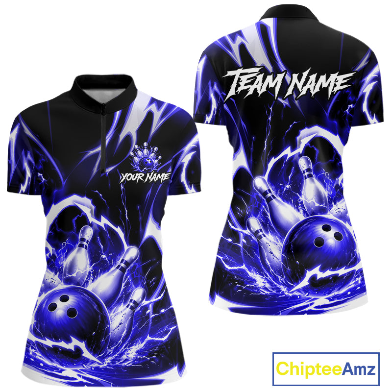 Blue Storm Thunder Lightning Bowling Polo & 1/4 Quarter Zip Shirt For Women Custom Bowling Team Jersey NBT990