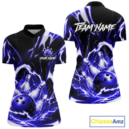 Blue Storm Thunder Lightning Bowling Polo & 1/4 Quarter Zip Shirt For Women Custom Bowling Team Jersey NBT990