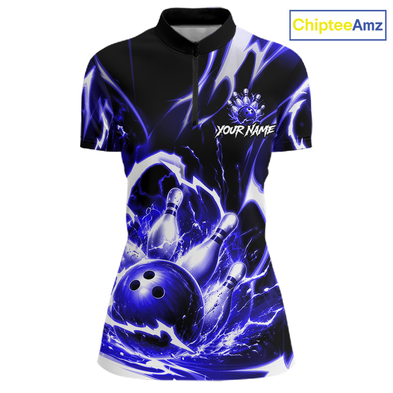 Blue Storm Thunder Lightning Bowling Polo & 1/4 Quarter Zip Shirt For Women Custom Bowling Team Jersey NBT990