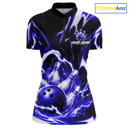 Blue Storm Thunder Lightning Bowling Polo & 1/4 Quarter Zip Shirt For Women Custom Bowling Team Jersey NBT990