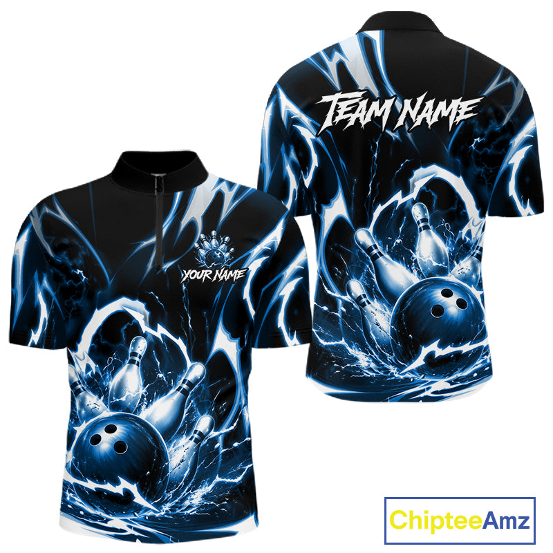 Turquoise Storm Thunder Lightning Bowling Polo & 1/4 Quarter Zip Shirt For Men Custom Bowling Team Jersey NBT991