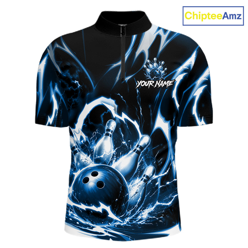 Turquoise Storm Thunder Lightning Bowling Polo & 1/4 Quarter Zip Shirt For Men Custom Bowling Team Jersey NBT991